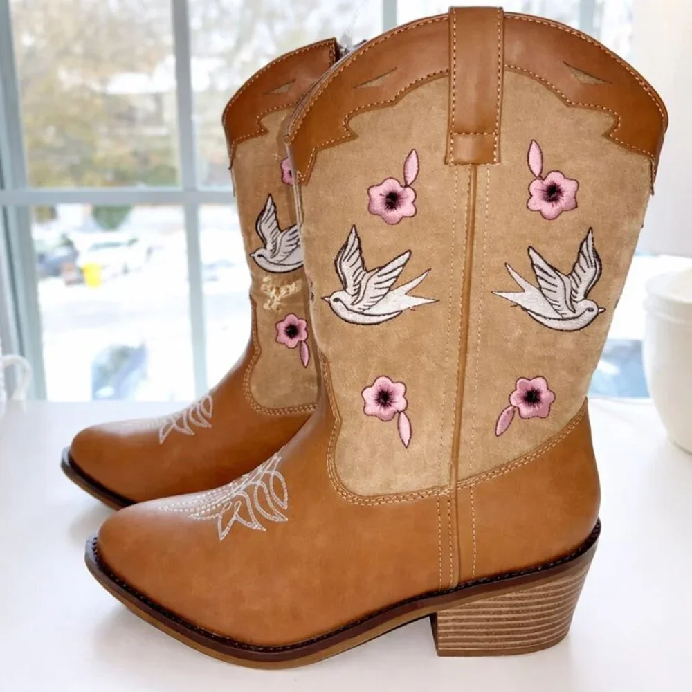 Steve Madden Nectar Embroidered Western Boots Girls Big Kid Size 5  NEW